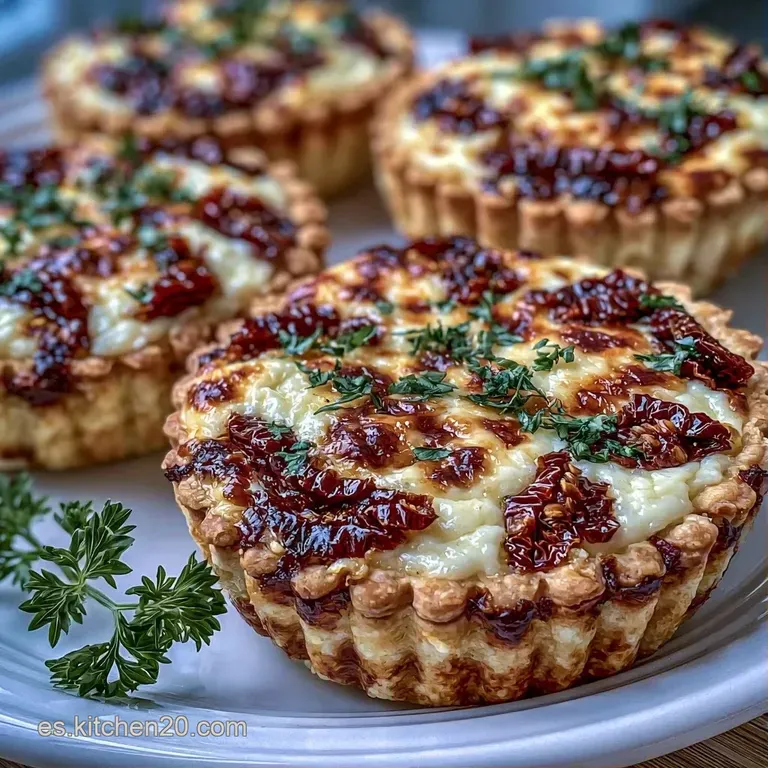 Tartaleta sobre plato blanco, resaltando el contraste del queso cremoso, tomates rojos y hojas de albahaca fresca.