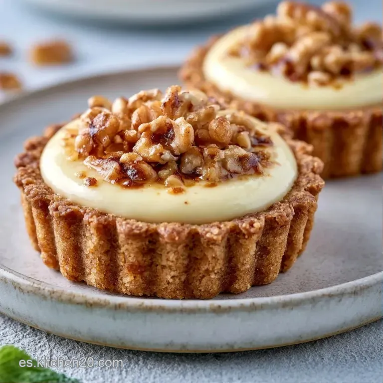 Mini tartaletas dispuestas en plato blanco, con relleno cremoso, nueces crujientes y un hilo de miel brillante.