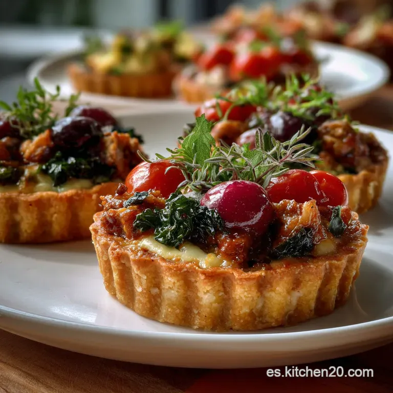 Individual tartlets with flaky, buttery crusts. A vibrant, colorful filling spills over, elegantly presented on a white pl...