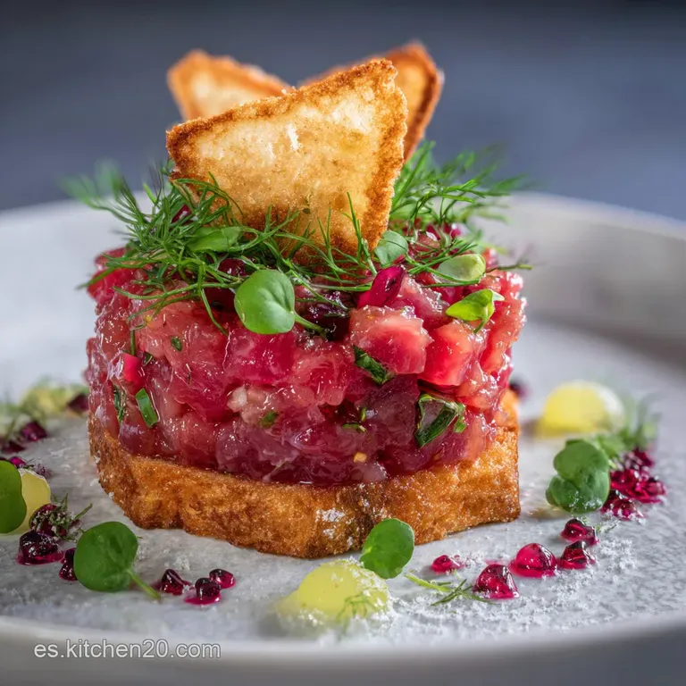 A beautifully plated fuet tartare, artfully arranged with crispy bread slices, offering a delightful contrast of textures ...