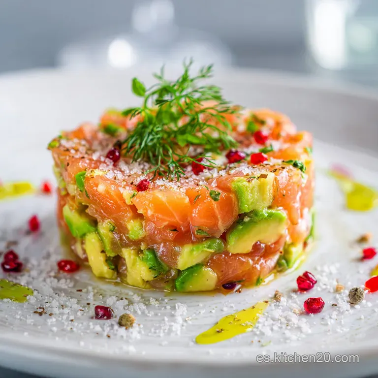 A perfectly formed salmon tartare is topped with fresh herbs, presented on a white plate, alongside crispy baguette slices.