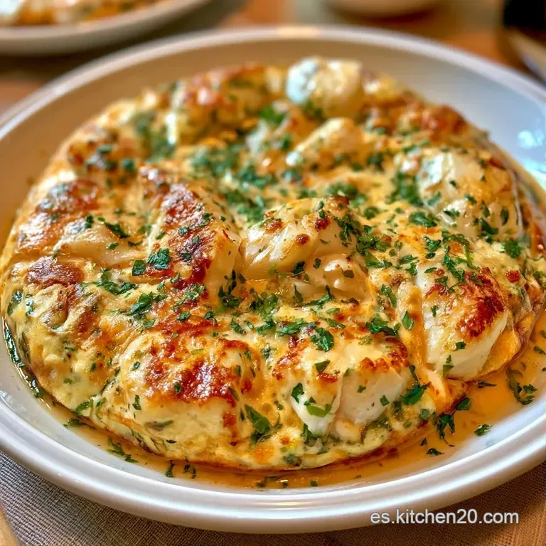 Porción triangular de tortilla amarilla intensa con escamas de pescado blanco, decorada con perejil fresco y aceite.