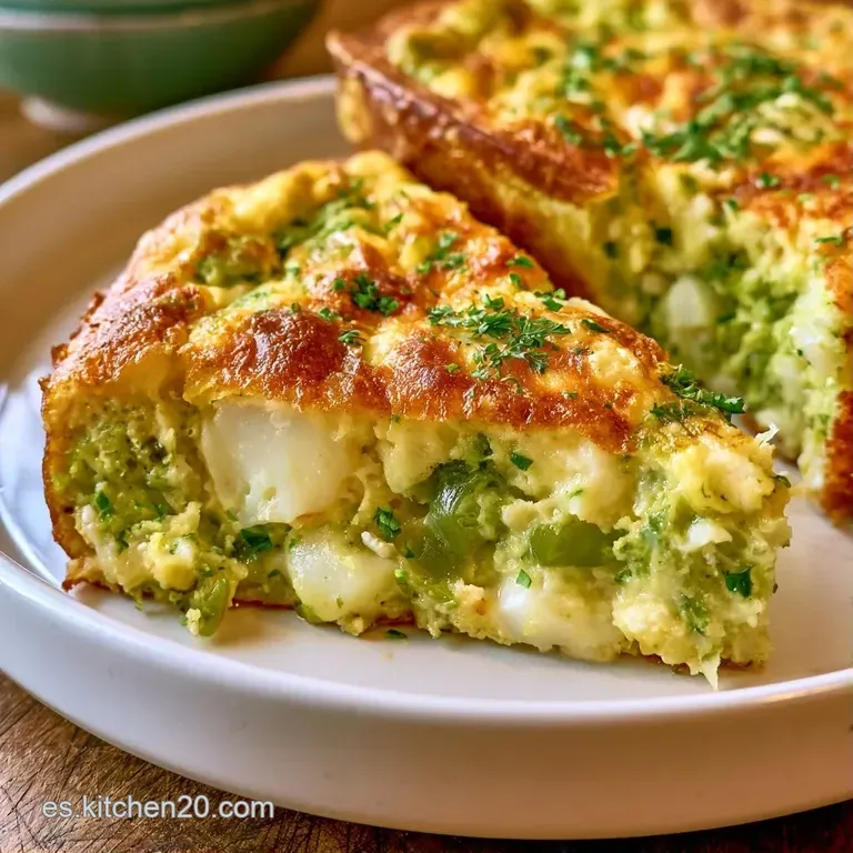Triángulo de tortilla esponjosa y amarilla sobre plato blanco, decorado con una rama de perejil y gotas de aceite.