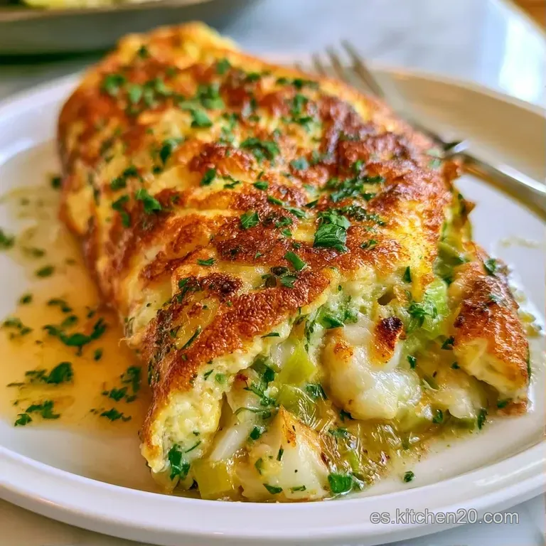 Porción triangular de tortilla dorada en plato cerámico, adornada con perejil fresco y luz suave lateral.