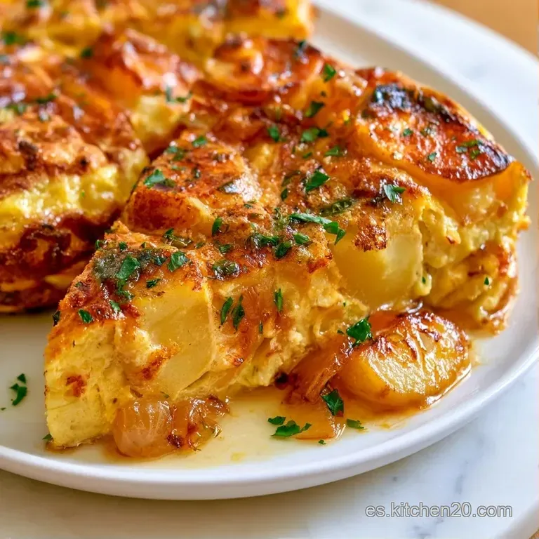 Triángulo de tortilla jugosa con centro tierno, servido en plato cerámico con una rama de perejil fresco al costado.