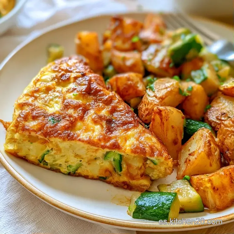 Porción triangular de tortilla esponjosa y dorada, con bordes tostados y hojas verdes frescas en plato cerámico.