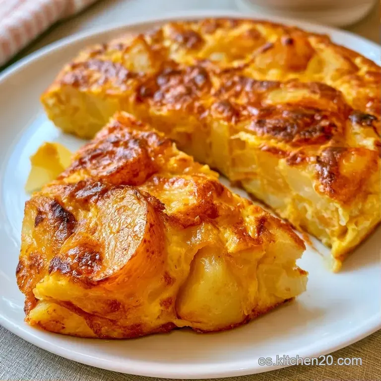 Una cuña de tortilla amarilla brillante sobre cerámica oscura, resaltando el interior jugoso y trozos de patata suave.