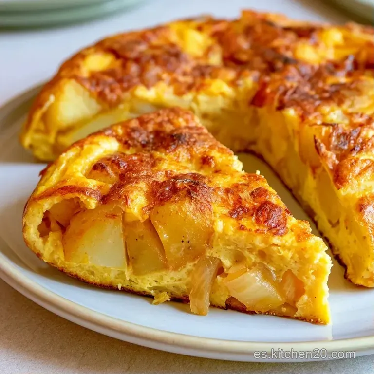 Porción triangular de tortilla amarilla brillante sobre cerámica gris, adornada con perejil fresco y aceite dorado.