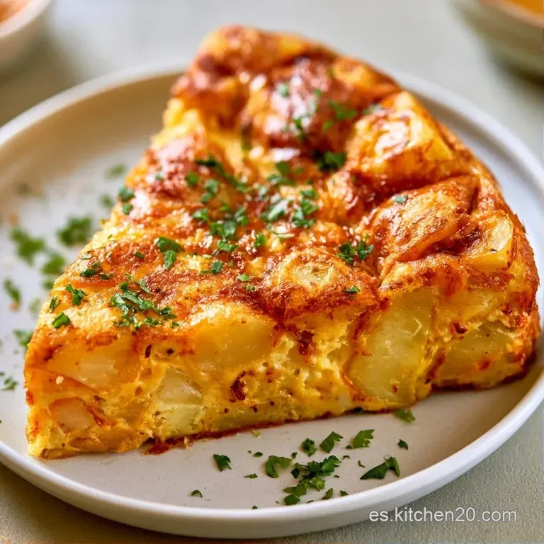 Porción triangular de tortilla amarilla brillante, bordes tostados y centro cremoso, adornada con una ramita de perejil.