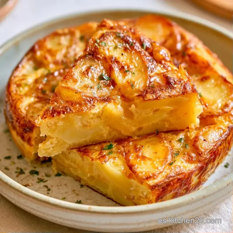Porción triangular de tortilla humeante sobre plato de cerámica, acompañada de una ramita de perejil fresco y aceite oliva.