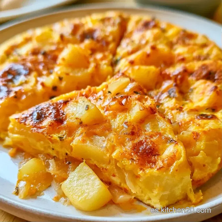 Porción triangular de tortilla esponjosa sobre plato cerámico, decorada con perejil fresco y tonos amarillo intenso.