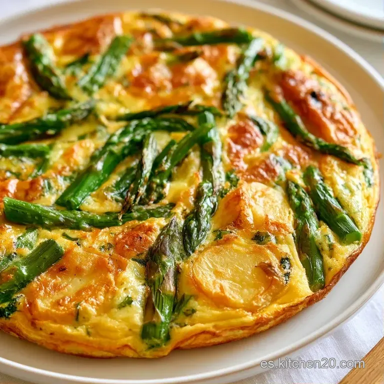 Porción triangular de tortilla sobre plato blanco, destacando el amarillo intenso y el verde vivo de los espárragos.