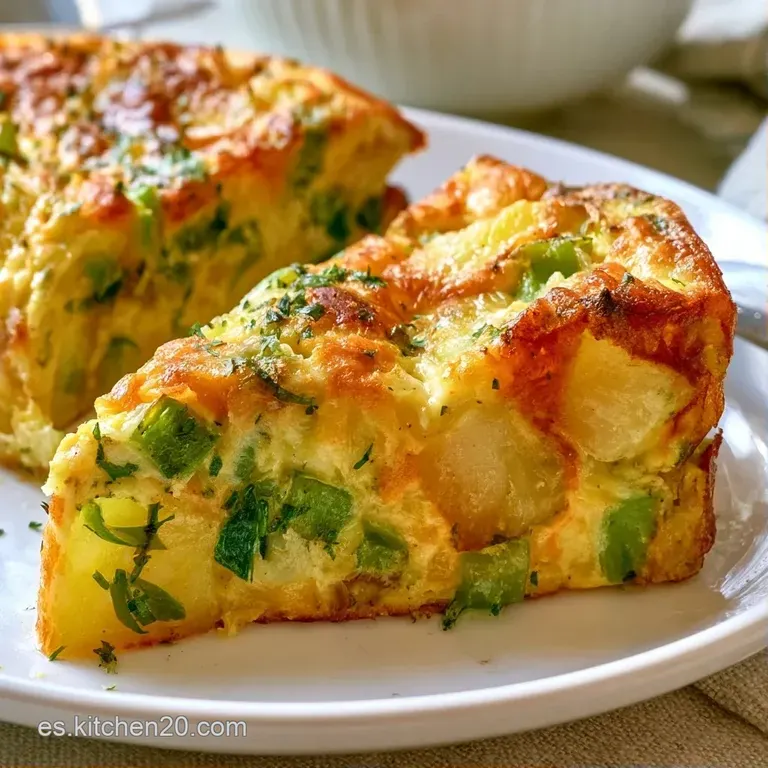 Porción triangular de tortilla amarilla brillante sobre plato blanco, adornada con perejil fresco y aceite de oliva.