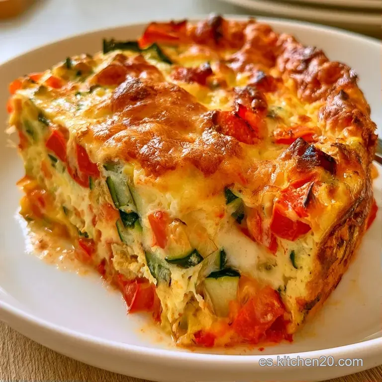 Triángulo de tortilla jugosa y dorada con hortalizas verdes, decorado con hojas frescas en vajilla de barro oscura.