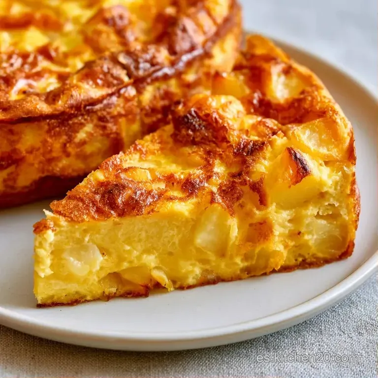 Porción triangular de tortilla dorada en plato artesanal, resaltando su interior cremoso y un toque de verde fresco.