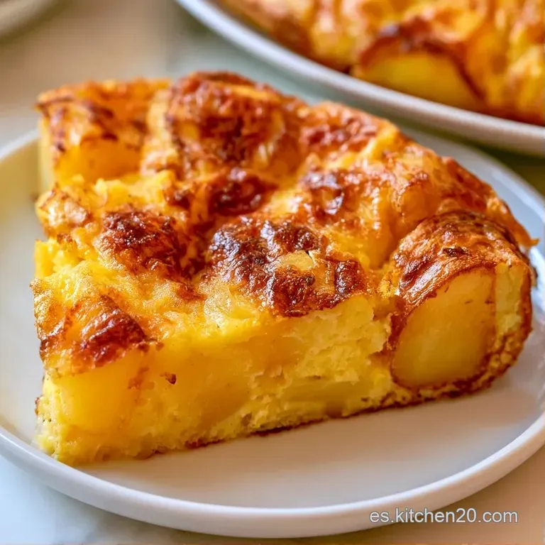 Porción triangular de tortilla esponjosa en plato cerámico, acompañada de hojas verdes frescas y luz natural.