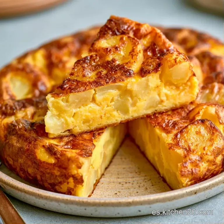 Porción triangular de tortilla jugosa en plato cerámico, acompañada de perejil fresco y una textura cremosa y suave.