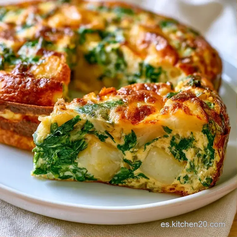 Porción triangular de tortilla esponjosa y dorada con espinacas, servida con un toque verde sobre cerámica minimalista.