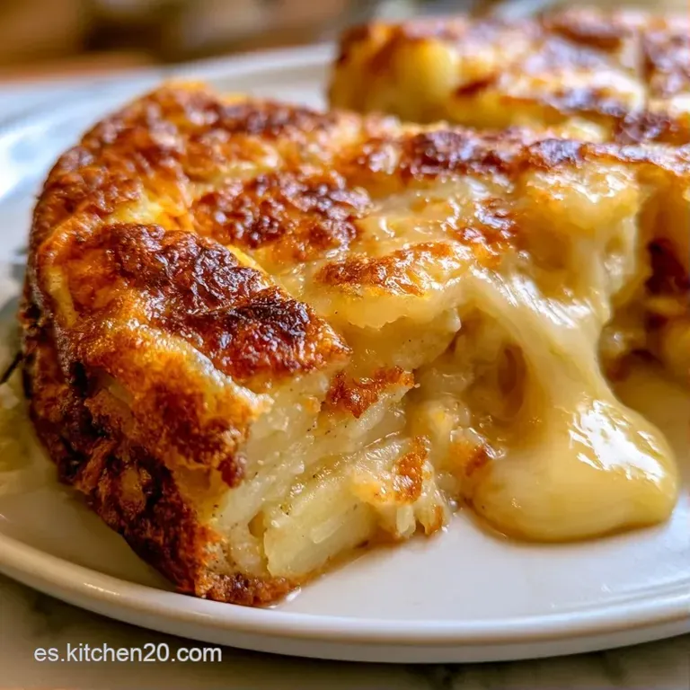 Triángulo dorado de huevo y patata con queso blanco fundido chorreando, acompañado de brotes verdes en plato cerámico.