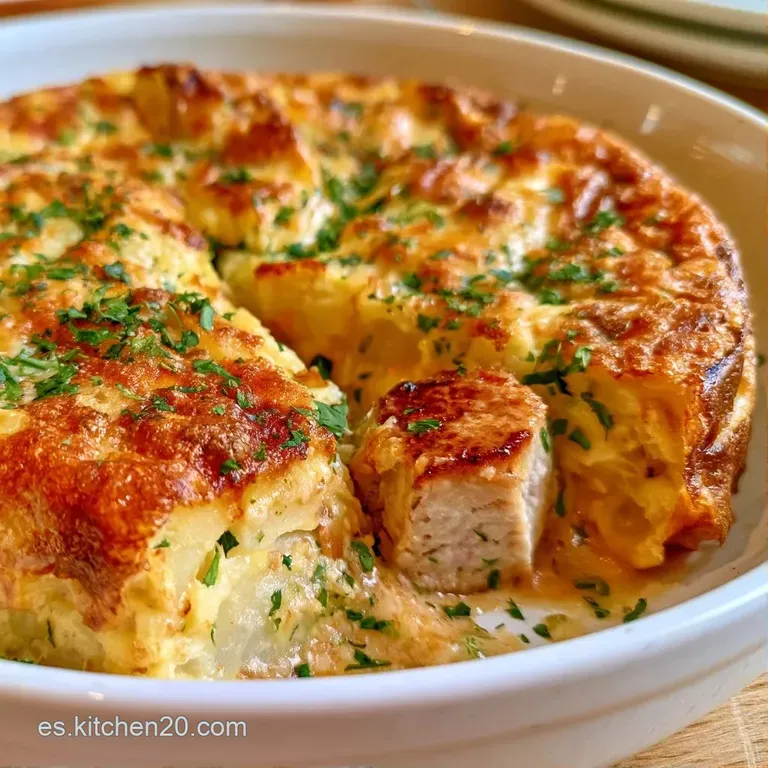 Porción de tortilla amarilla brillante revelando un relleno jugoso de jamón serrano y queso fundido en plato moderno.