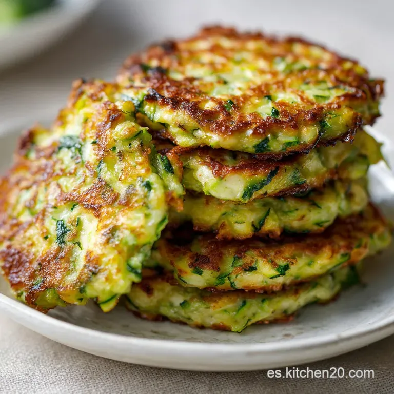 Stacked zucchini fritters drizzled with creamy white sauce, garnished with fresh herbs on a bright white plate.