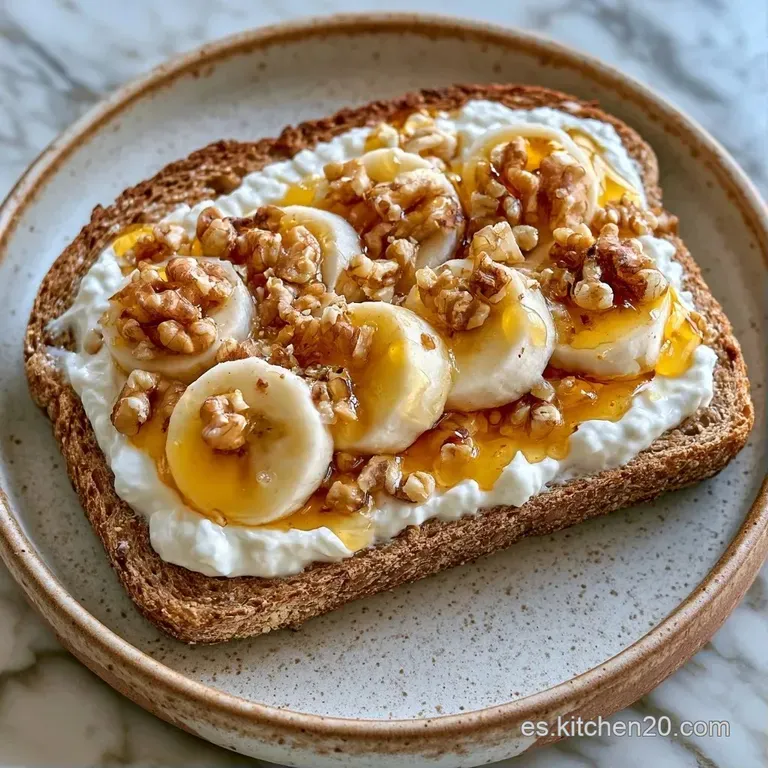 Dos rebanadas crujientes sobre plato cer&aacute;mico blanco, decoradas con frutos rojos vibrantes y queso ricotta suave.