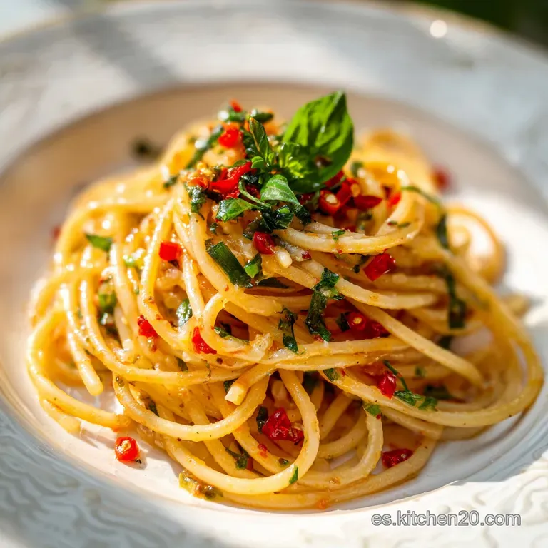 A vibrant tangle of spaghetti, shimmering with garlic-infused oil, adorned with vibrant green parsley and a sprinkle of re...