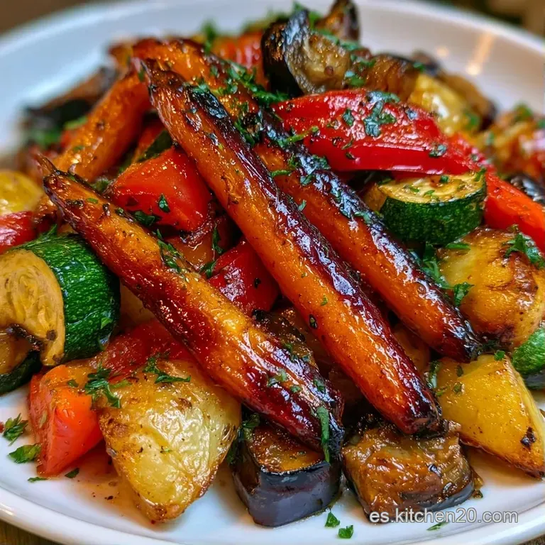Disposici&oacute;n art&iacute;stica de zanahorias y pimientos caramelizados con un toque de hierbas verdes frescas encima.