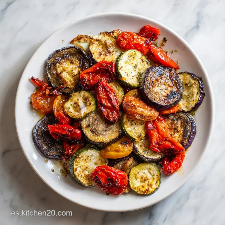 A colorful medley of roasted vegetables artfully arranged on a white plate, glistening with olive oil and sprinkled with h...