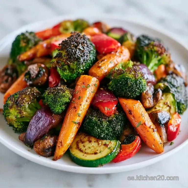 Mont&oacute;n ordenado de vegetales coloridos con un brillo aceitoso, decorado con semillas de s&eacute;samo sobre fondo neutro.