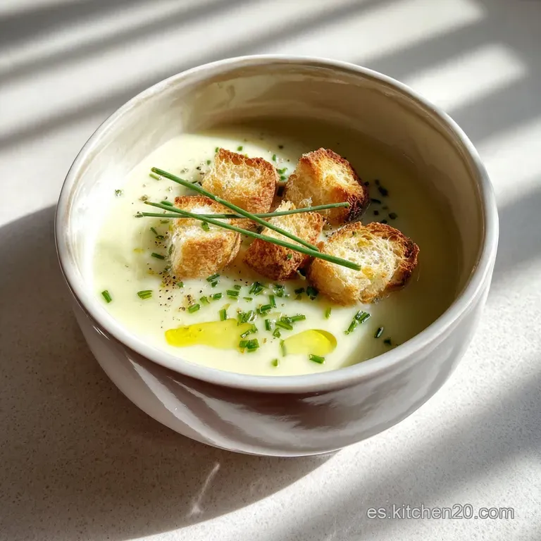Elegant bowl of chilled vichyssoise topped with fresh chives. Creamy soup glistens, inviting spoonfuls of cool comfort.