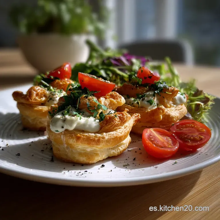 Elegant plate of crispy volovanes, filled to overflowing. Garnished with a fresh herb sprig, showcasing the creamy, rich f...